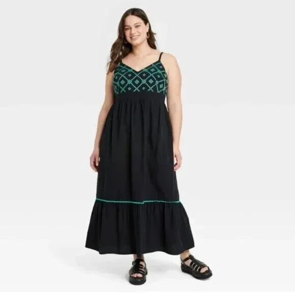Ava & Viv | Dresses | New Ava Viv Black Green Embroidered Tiered Maxi Dress  X | Poshmark